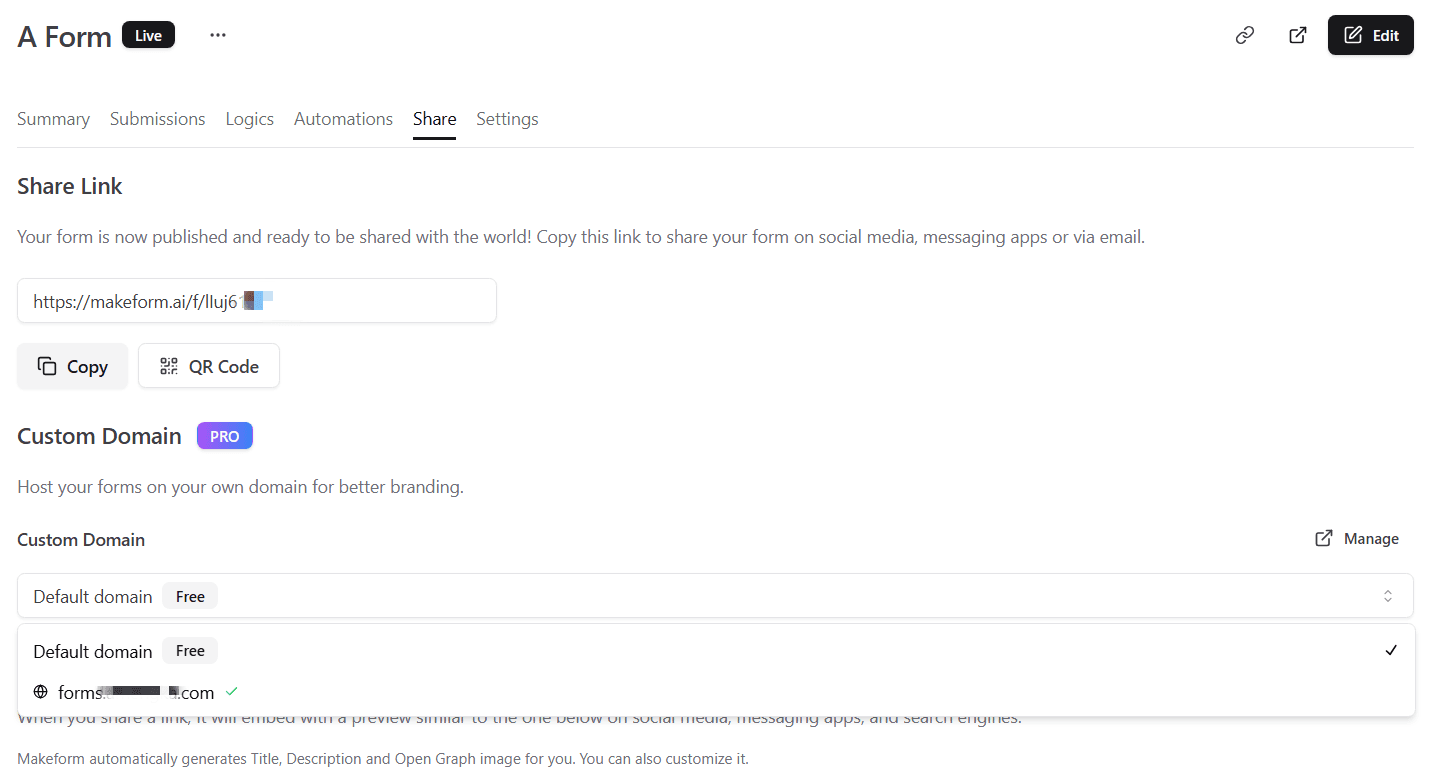 Form Share Page - Domain Selector