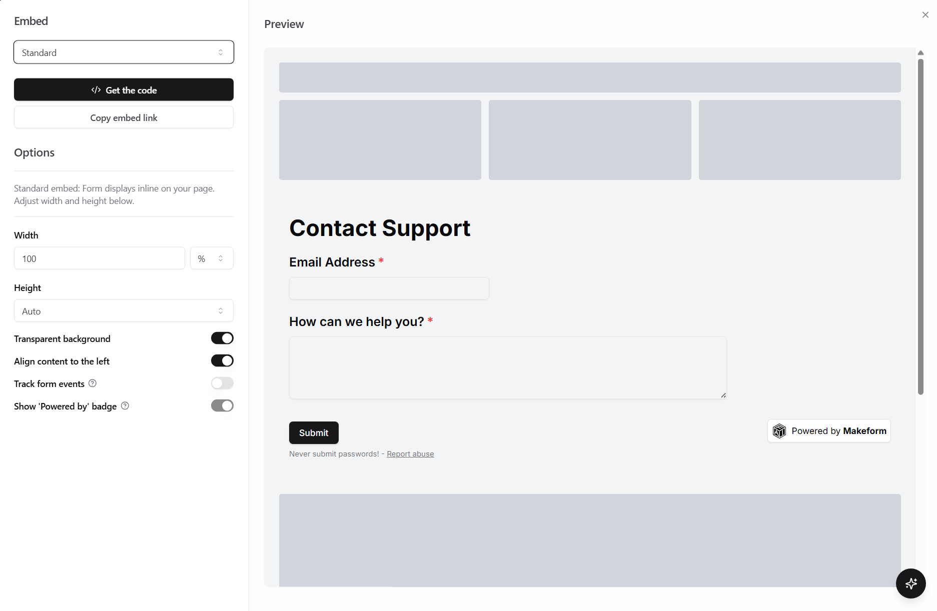 Standard embed options