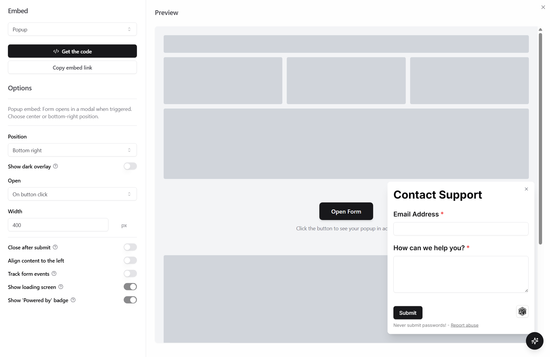 Popup embed options