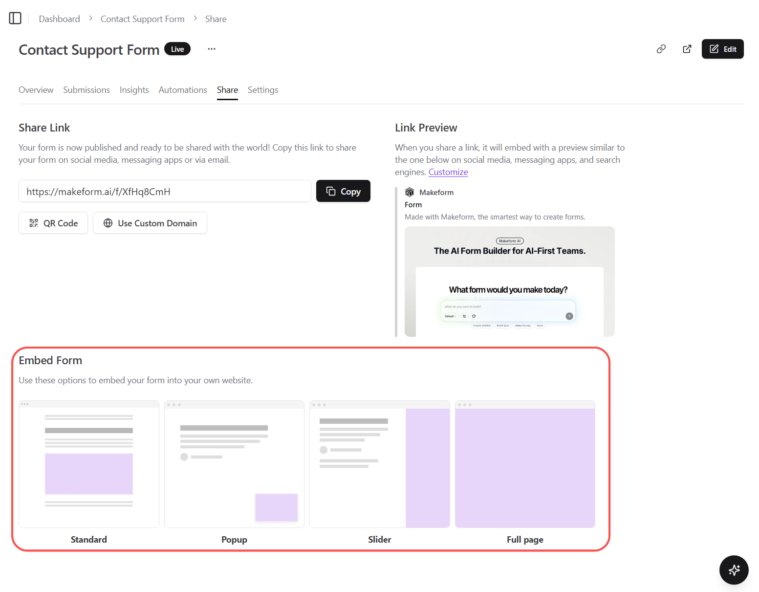 Share tab showing the Embed entry