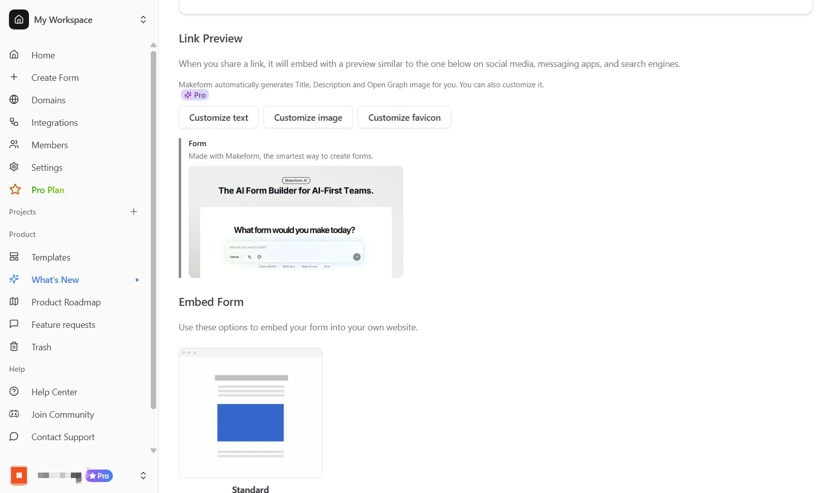 Link settings in the Share page