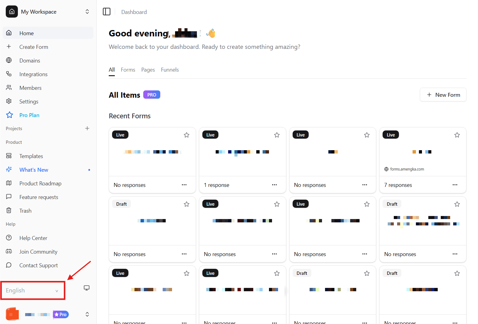 Language dropdown in sidebar